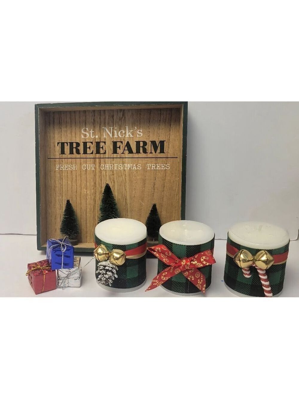 Plaid Christmas Candle Set of 3 Handmade Lodge Decor